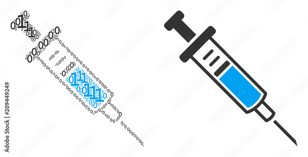 Poster syringe collage icon of zero and one symbols in different sizes. vector digits are united into syrin