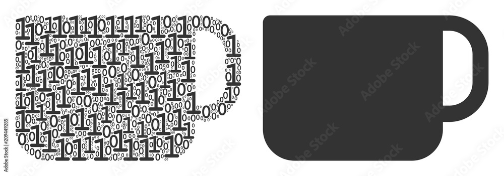 Poster tea cup collage icon of zero and one symbols in different sizes. vector digits are randomized into t
