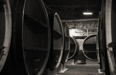 Vintage wooden barrels in dark winery