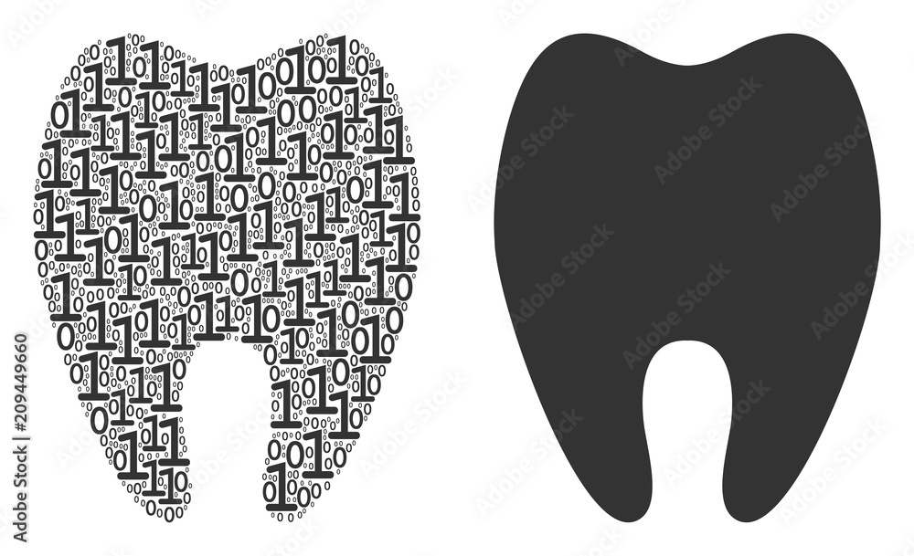 Poster tooth mosaic icon of one and zero digits in random sizes. vector digit symbols are composed into too