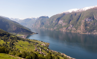 Stegastein Lookout Beautiful Nature Norway aerial view. Sognefjord or Sognefjorden