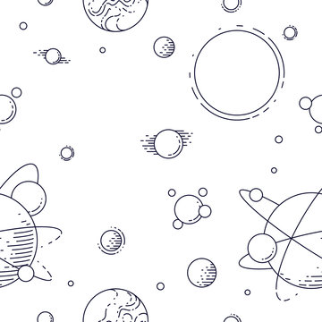 Seamless space background with unknown planets, undiscovered deep cosmos fantastic and breathtaking textile fabric for children, endless tiling pattern, vector illustration.