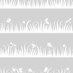 Floral seamless pattern, butterfly, beetle, dragonfly in the grass, insects
