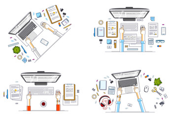 Work desks workspaces top view with hands of office workers or entrepreneurs, PC computers and a lot of different stationery objects on tables. All elements are easy to use separately. Vector set.
