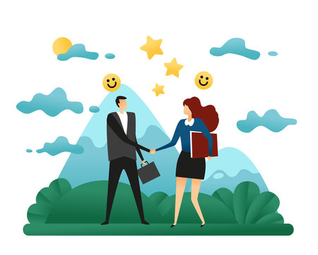 Successful Contract Conclusion. Woman and Man Business Handshake Business Concept Vector Illustration