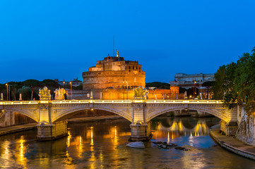 Night view of Castle Sant Angelo (Mausoleum of Hadrian), bridge Sant Angelo and river Tiber in...