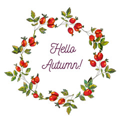 Hello autumn card with hips frame, sketchy design, vector graphic illustration