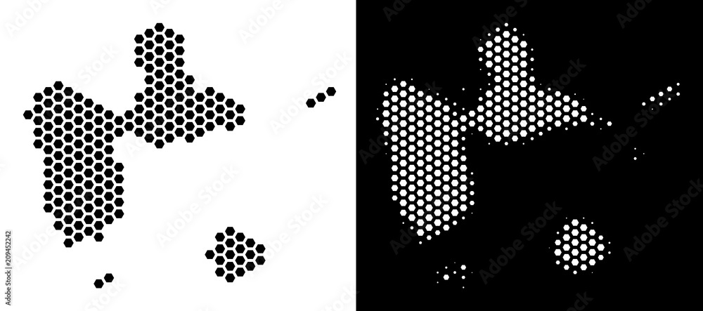 Poster honeycomb guadeloupe map. vector territory plan in black and white variants. abstract guadeloupe map