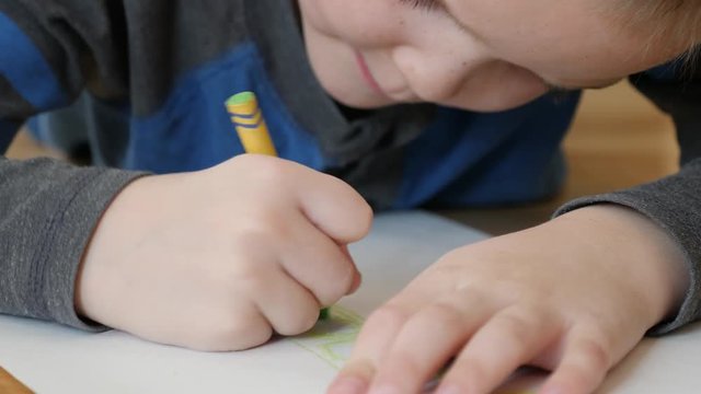 Dolly shot of cute little boy coloring on the floor