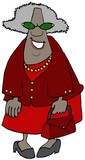 Illustration of an elderly black woman dressed in red and pink and carrying a purse.