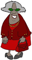 Illustration of an elderly black woman dressed in red and pink and carrying a purse.