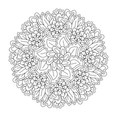 Round element for coloring book. Black and white floral pattern. Mandala.