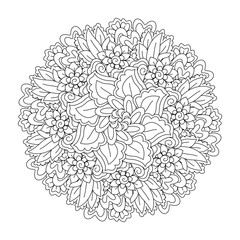 Round element for coloring book. Black and white floral pattern. Mandala.