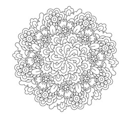 Round element for coloring book. Black and white floral pattern. Mandala.