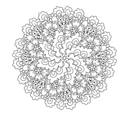 Round element for coloring book. Black and white floral pattern. Mandala.