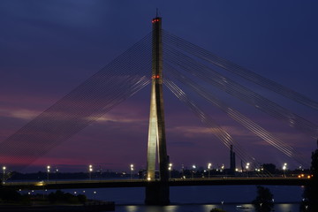 View at the Vanšu Bridge and the Daugava river in Riga, Latvia at night