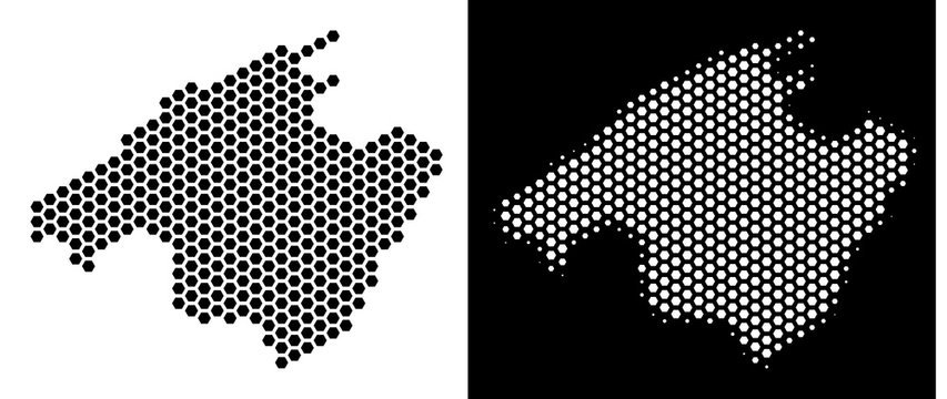 Hexagon Spain Mallorca Island map. Vector geographic scheme in black and white versions. Abstract Spain Mallorca Island map composition is consisting of hex tile pixels.