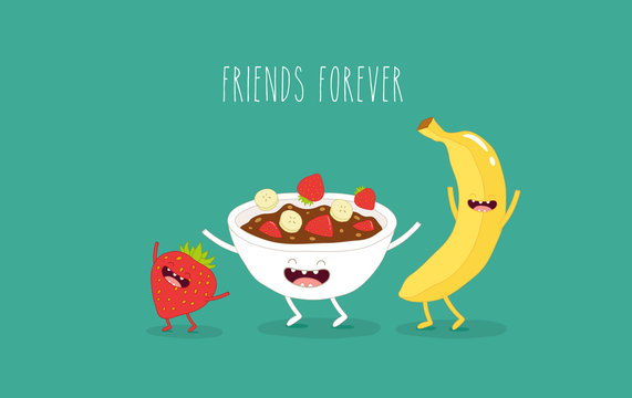 This is funny cornflakes bowl with banana and strawberry. Vector illustrations. You can use for cards, fridge magnets, stickers, posters.