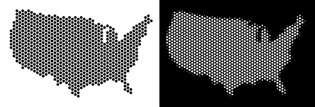 Hex Tile USA map. Vector geographic plan in black and white versions. Abstract USA map mosaic is composed from hex-tile elements.