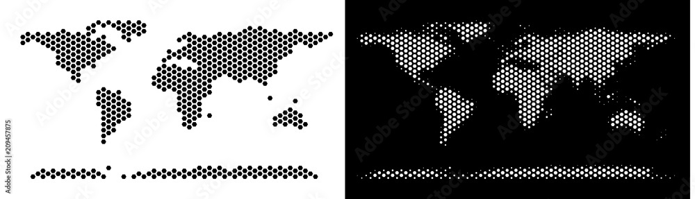 Poster honeycomb world continent map. vector geographic scheme in black and white variants. abstract world 