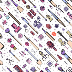 Makeup seamless pattern. Illustrations of different cosmetics. Lipstick and pomade, brushes for make up glamour. Vector background