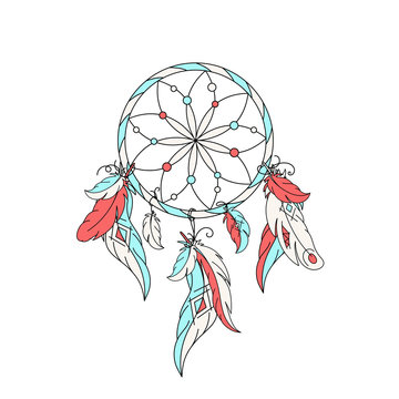 Dreamcatcher, feathers. Vector illustration. American Indian dream Catcher traditional symbol.