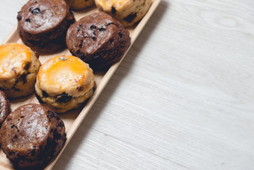 fresh homemade scones breakfast on wooden board