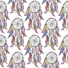 Wall murals Dream catcher Dreamcatcher sketch seamless pattern . Hand drawn vector illustration.