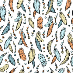 Decorative feathers seamless pattern. Hand drawn vector illustration.