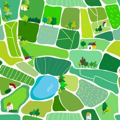 Fensteraufkleber Landscape seamless pattern for the countryside, with houses and roads, top view. Vector graphic illustration © Tetyana Snezhyk