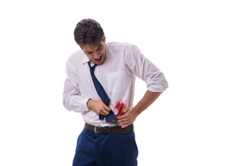 Wounded businessman with blood stains isolated on white backgrou