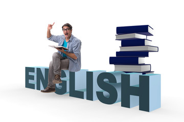 Young man in foreign language concept - English