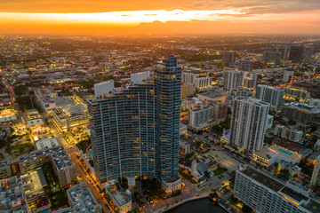 Aerial Florida Miami Edgewater sunset orange sky