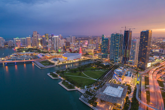 Drone image Downtown Miami at twilight amazing colors