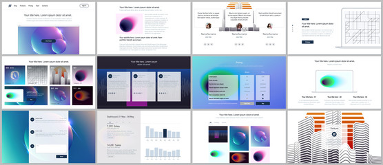 Vector templates for website design, minimal presentations, portfolio with colorful abstract gradient blurs and geometric backgrounds. UI, UX, GUI. Design of header, dashboard, features page, blog etc
