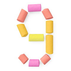 Colored sidewalk or blackboard chalks assembled like mathematical digit 9 on white background, 3D rendered font image