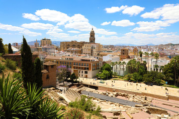 Fototapeta na wymiar Malaga cityscape with Roman Theater and Cathedral on the background