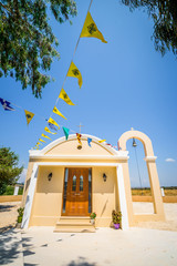 Church, Greece, Kos Island: old cozy little orange stone church with red roof chapel in traditional...