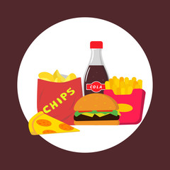 Fastfood. Chips, cola, French fries, hamburger, pizza.