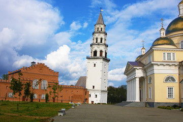 Fototapeta na wymiar Leaning Tower of Nevyansk and ortodox church? Russia