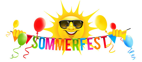 Cartoon Sonne mit Sonnenbrille, Luftballons und bunte Buchstaben Girlande - Sommerfest