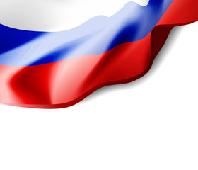 Waving flag of Russia close-up with shadow on white background. Vector illustration with copy space