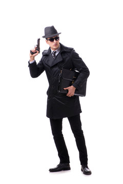 Man spy with handgun isolated on white background