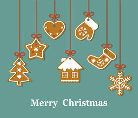Christmas  card with hanging gingerbread cookie. Vector flat illustration