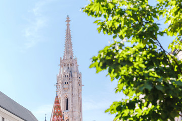 Tower and roof detail of Matthias Church in Budapest, Hungary