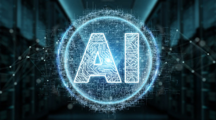 Digital artificial intelligence text hologram 3D rendering