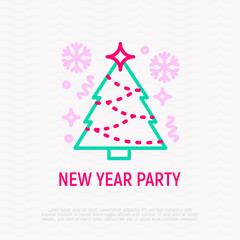 Christmas tree with snowflakes thin line icon. Modern vector illustration.