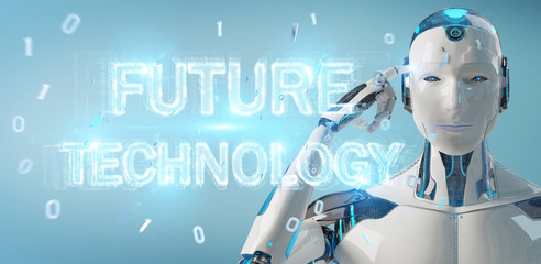 White robot using future technology text hologram 3D rendering