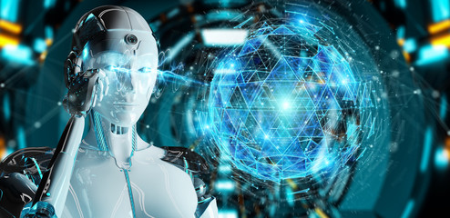 White robot woman using digital sphere connection hologram 3D rendering