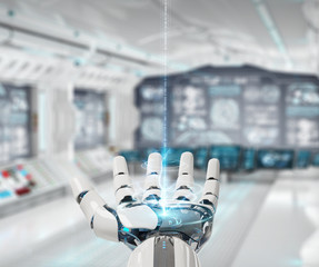 White cyborg opening his hand 3D rendering